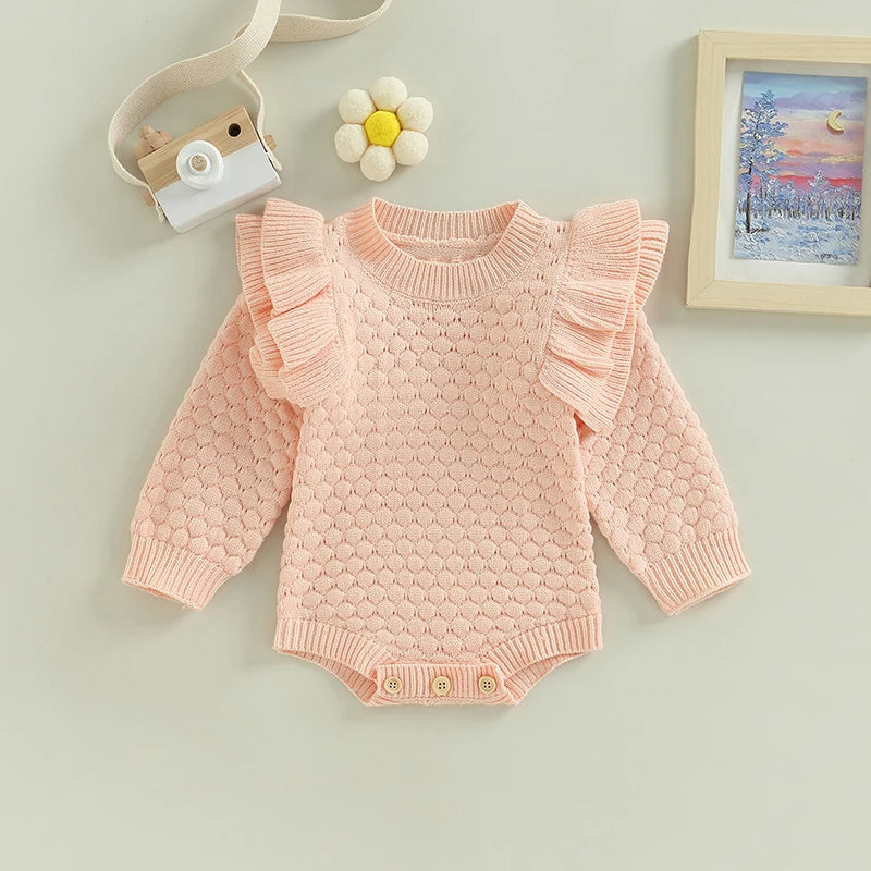 Adorable Baby Girls Knitted Ruffle Romper with Long Sleeves Solid Color Jumpsuit for Newborn Infant Toddler