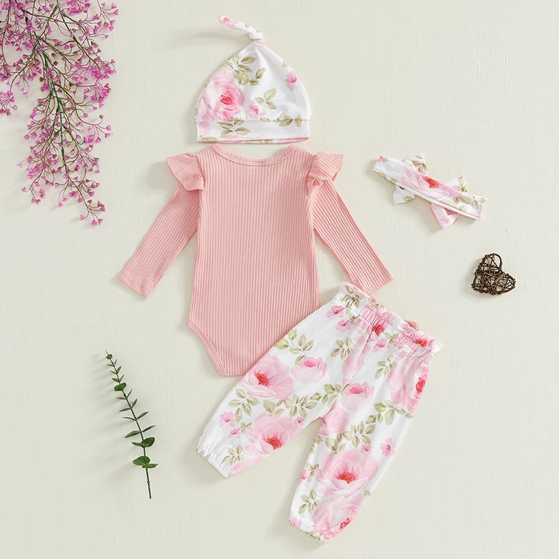 Baby Girls 4 Piece Outfit Letter Print Long Sleeve Romper Floral Print Pants Headband Hat Set Cute Clothes