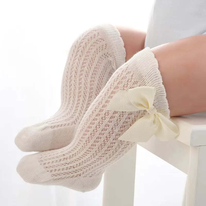 Cotton Baby Girl Socks With Big Bow Knee High Mesh 0to36M