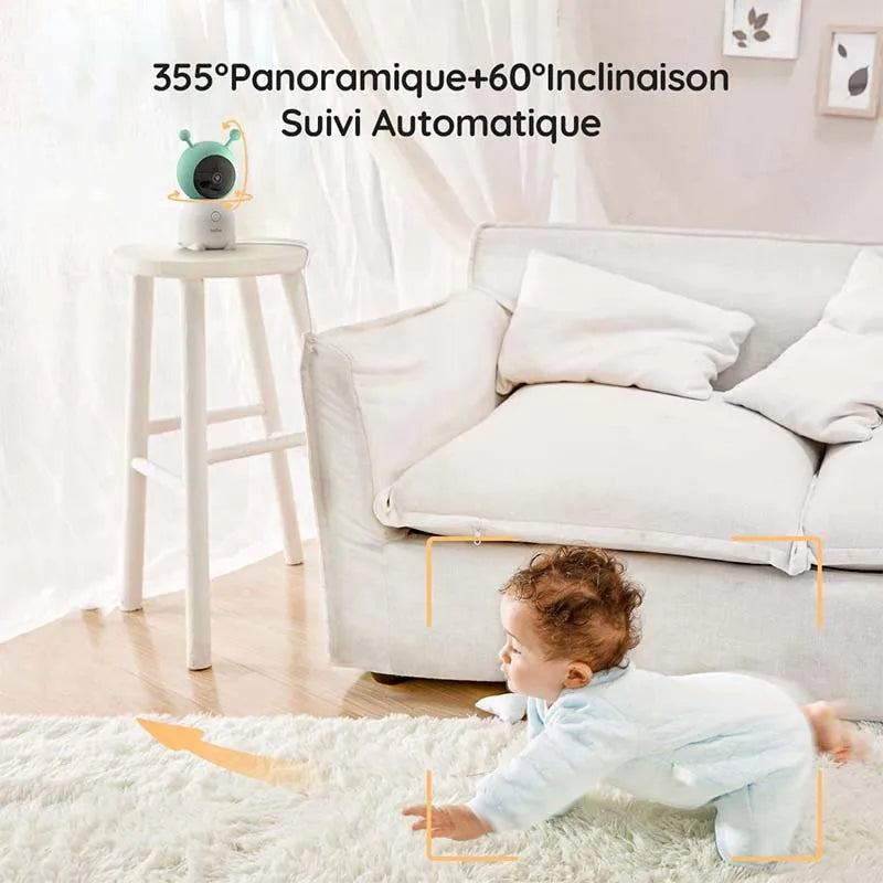 Boifun 2K 5 Inch Baby Monitor Camera with 360 Degree Rotation Phone App Colorful Night Lights Motion Monitoring Automatic Tracking
