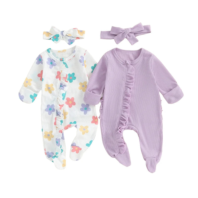 Toddler Girls Floral Ruffle Romper Set with Bow Headband Summer Outfit for Infants