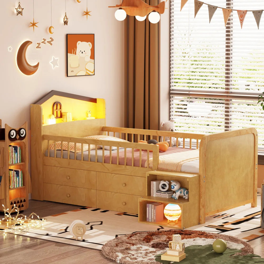 White Wooden Twin Loft Bed With LED Lights And Drawers