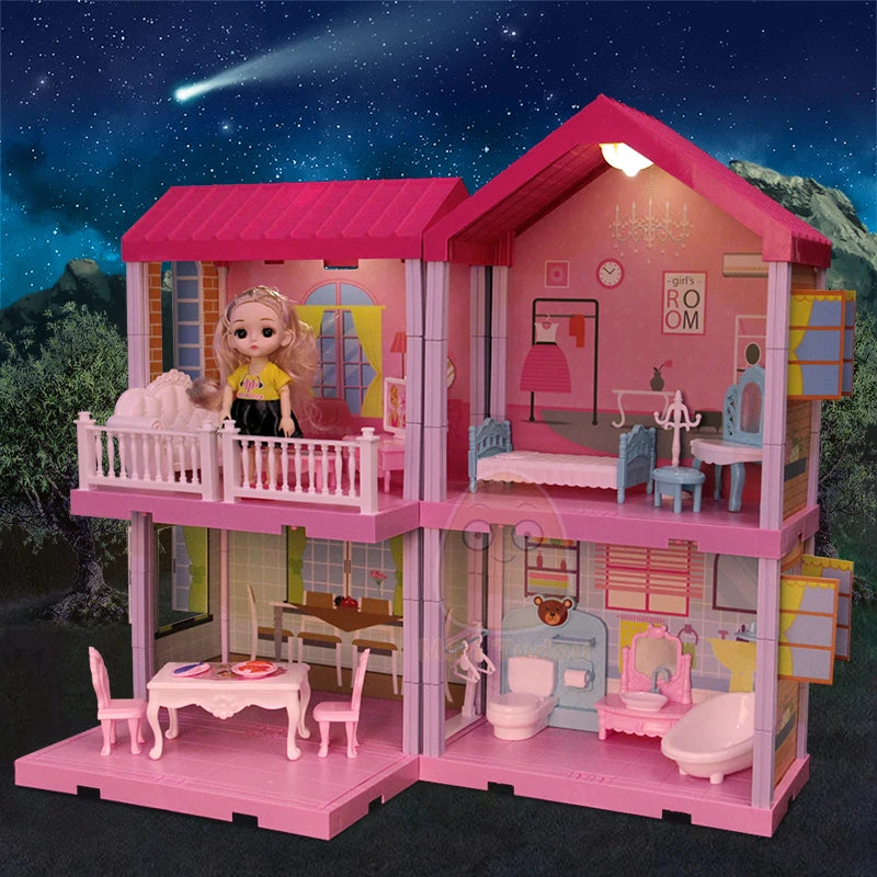DIY Princess Big Villa Simulation Assembled Dollhouse Pink Castle Pretend Play Doll Game Educational Toy For Girl Birthday Gift