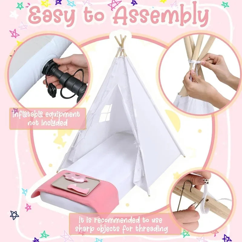 Kids Teepee Tent Set With Light String 8 Pcs Natural Cotton