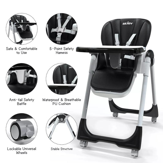 Sejoy Baby High Chair Foldable Highchair Adjustable Backrest Double Removable Tray Detachable PU Leather Cushion
