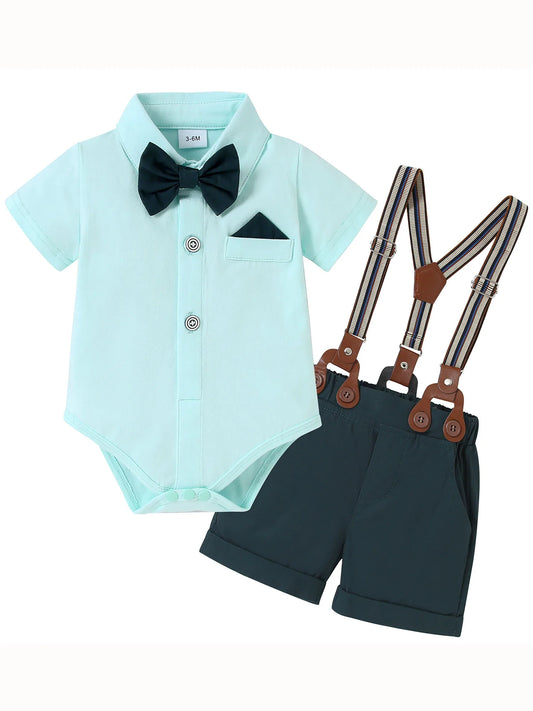 Infant Baby Boy Solid Color Gentleman Outfit Suit Summer Short Sleeve Bowtie Bodysuit Shirt and Suspender Shorts Set