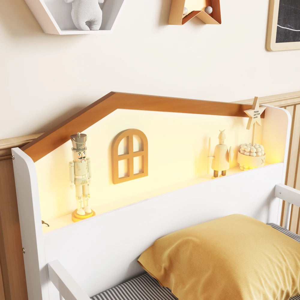 White Wooden Twin Loft Bed With LED Lights And Drawers