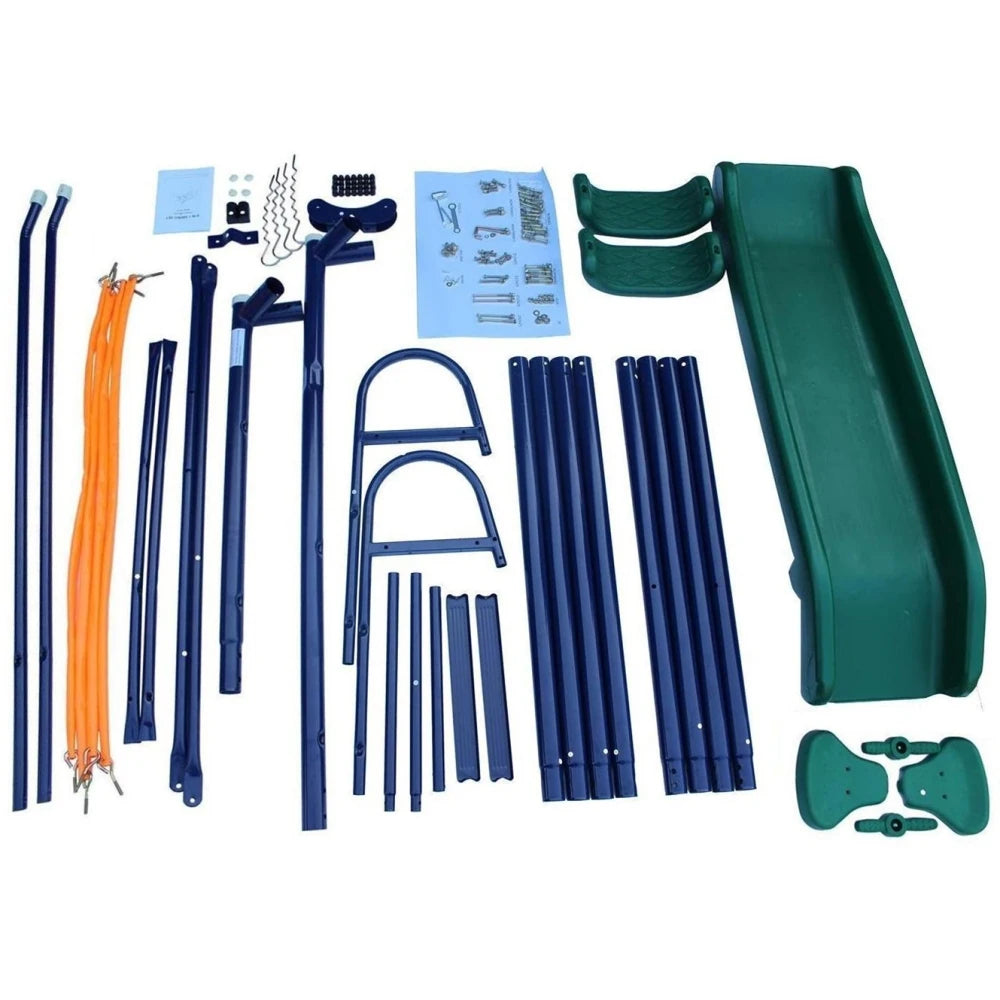 A-Frame Metal Swing Set with Slide in Blue Green and Orange for Kids Ages 3 to 14 Years