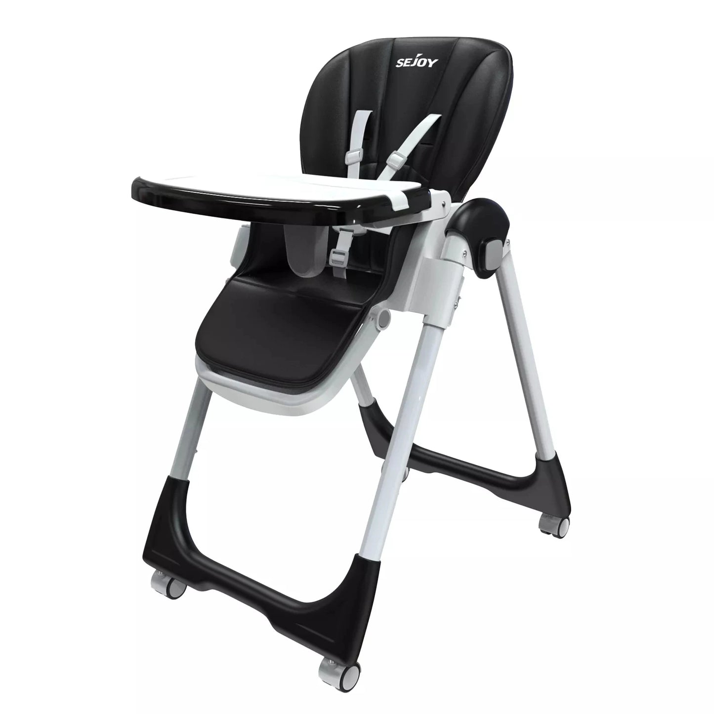 Sejoy Baby High Chair Foldable Highchair Adjustable Backrest Double Removable Tray Detachable PU Leather Cushion