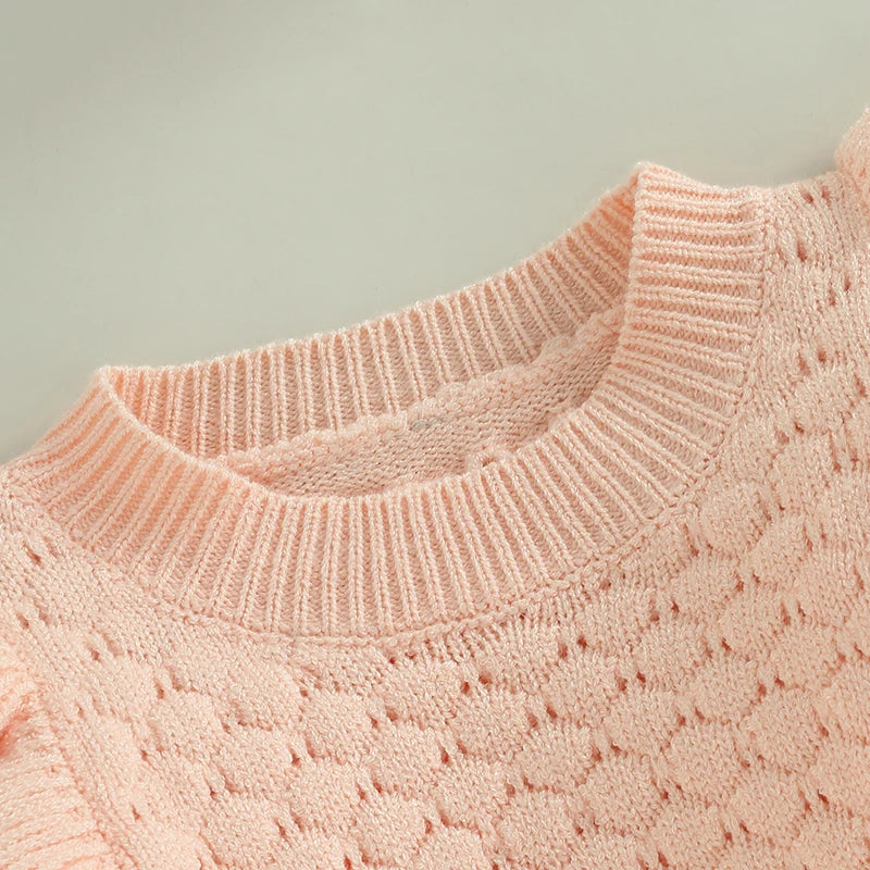 Adorable Baby Girls Knitted Ruffle Romper with Long Sleeves Solid Color Jumpsuit for Newborn Infant Toddler