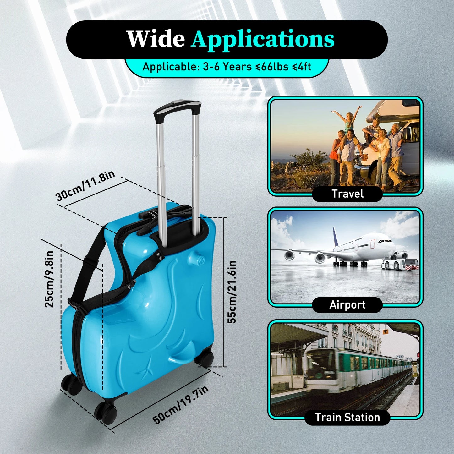 20 Inch Kids Riding Suitcase With 360 Degree Wheels Blue