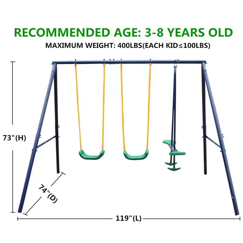 Metal Swing Set for Kids Outdoor Heavy Duty Frame with Double Swings for Backyard Playground