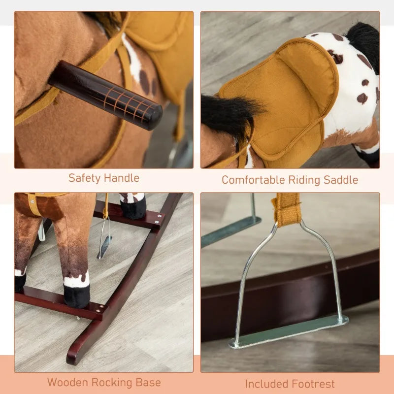Kids Metal Plush Ride On Rocking Horse Chair Toy With Realistic Sounds Dark Brown White
