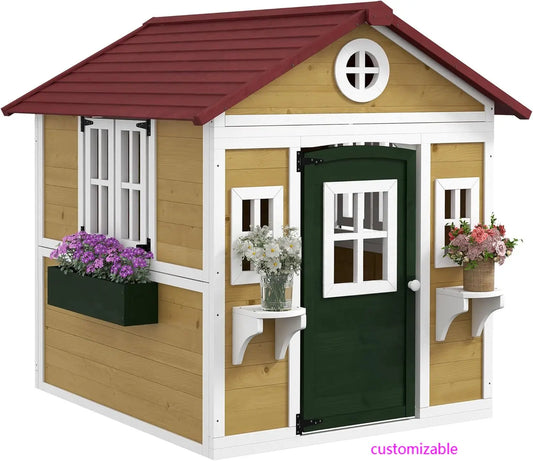 Beige Wooden Outdoor Playhouse For Toddlers 3 To 8 Years