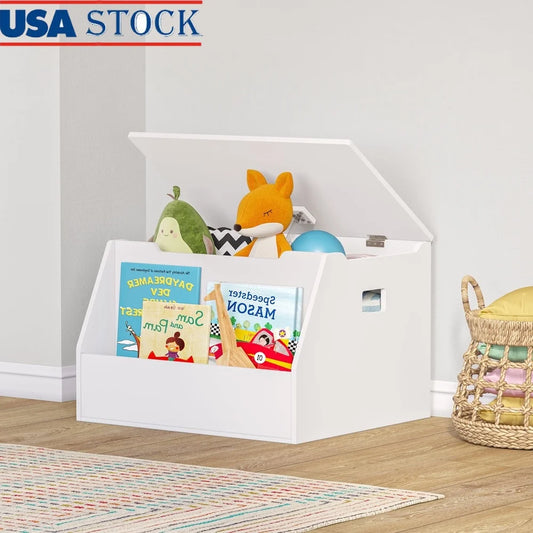 Kids Toy Storage Chest Organizer Playroom Box with Safety Hinges Front Bookrack Durable MDF Construction for Toddlers