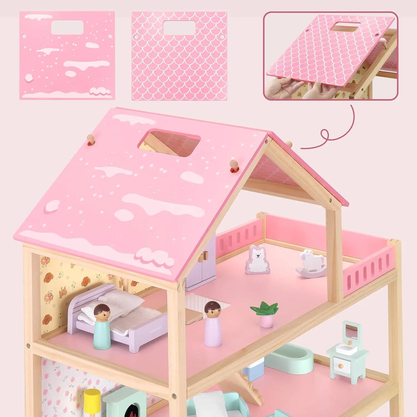 Wooden Dollhouse with 36Pcs Dollhouse Furniture Accessories, 7 Rooms Large Modern Doll House, Ideal Toy Gift for Girls Boys Todd