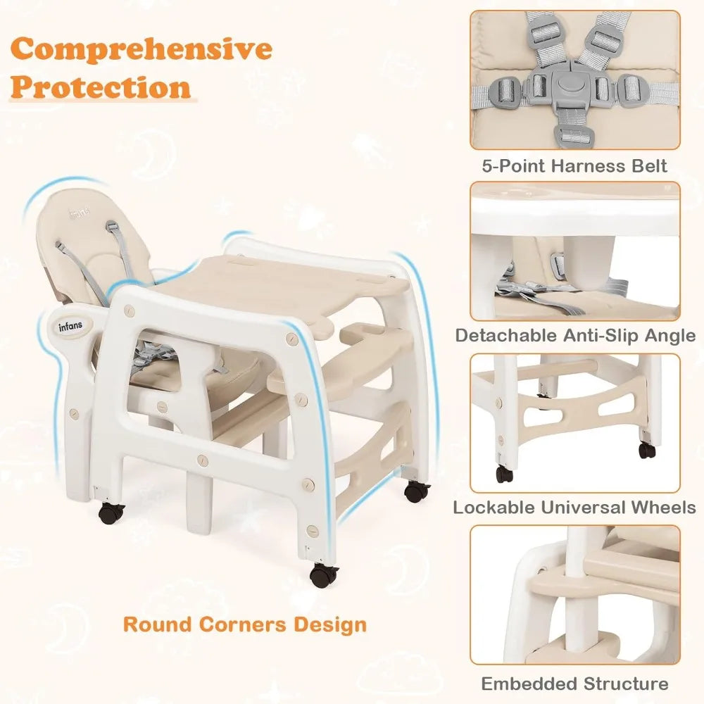 5 In 1 Baby High Chair Convertible Toddler Table Chair Set Rocking Chair Multi Function Seat with Lockable Universal Wheels