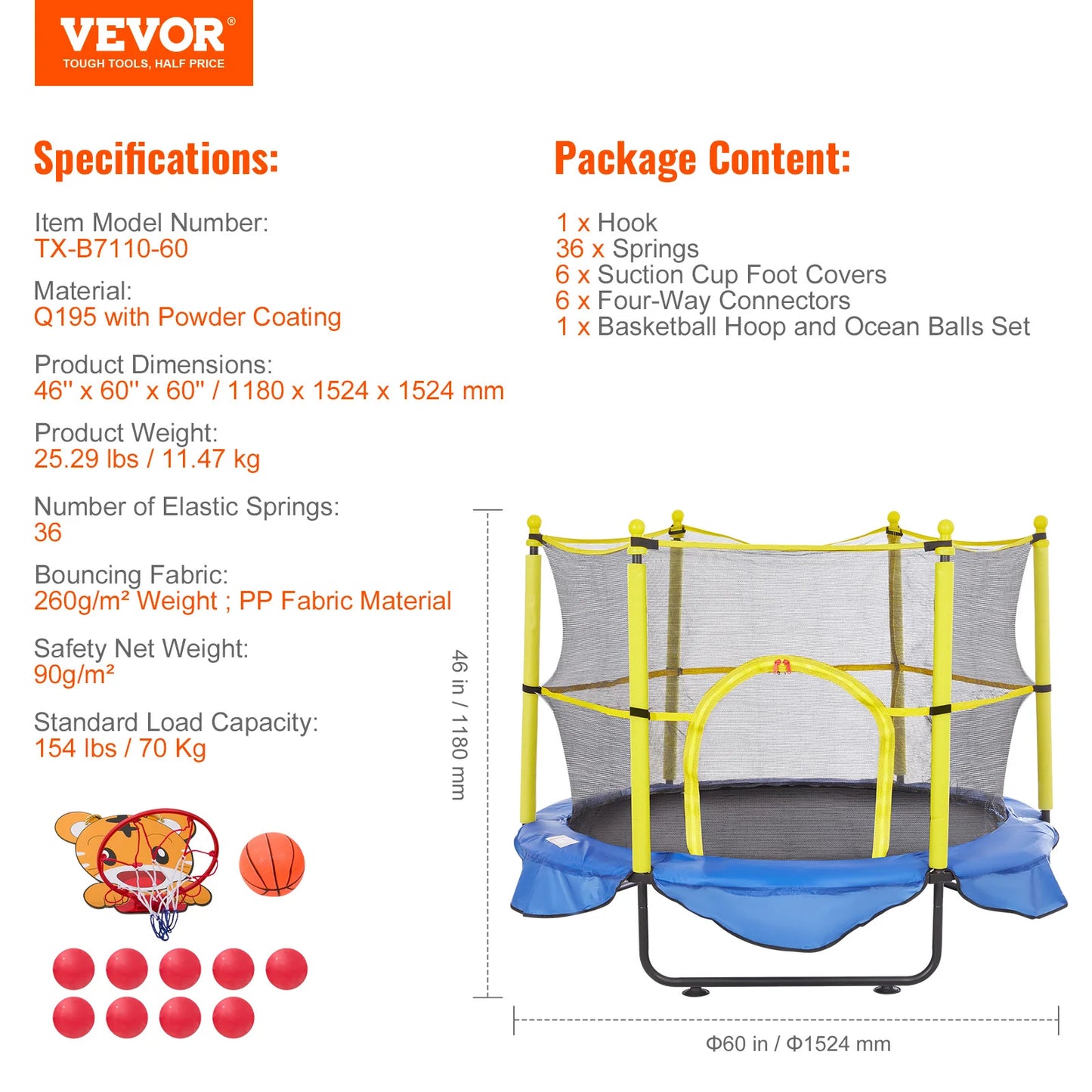 VEVOR 60 Inch 5FT Trampoline for Kids with Safety Enclosure Net Basketball Hoop and Ocean Balls Indoor Outdoor