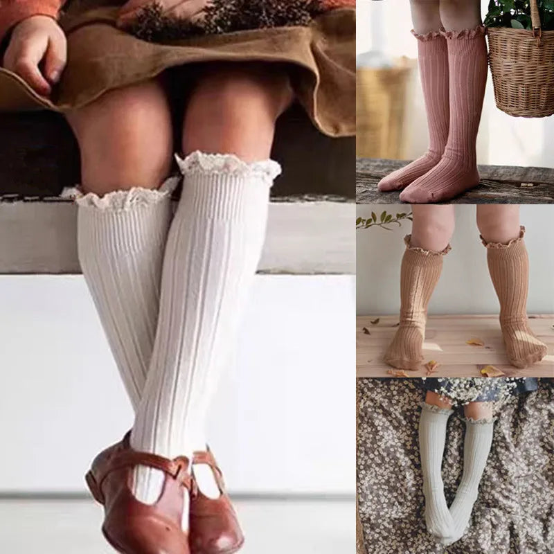 Ruffle Knee High Socks For Girls Cotton Lace Flower 0 To 8
