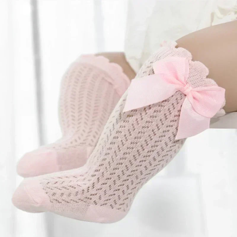 Cotton Baby Girl Socks With Big Bow Knee High Mesh 0to36M
