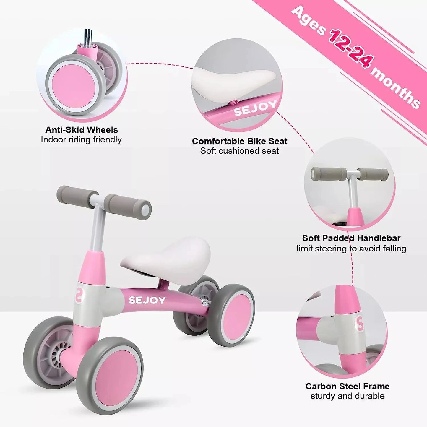 Sejoy Baby Walker Toddler Bicycle Toys Ride On Balance Bike 4 Wheels Birthday Gifts For Girls Boys Ages 1 To 3 Years