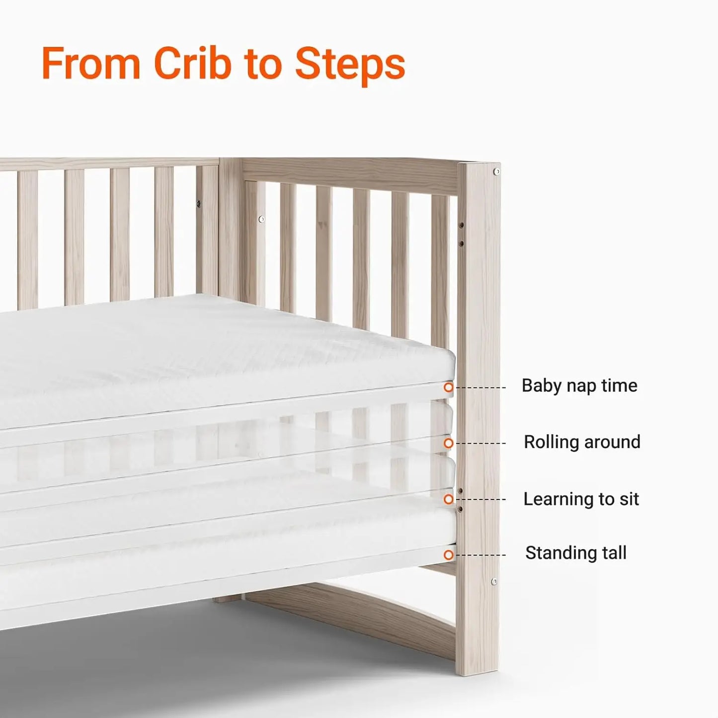 EvoNest 11 in 1 Convertible Baby Crib With Removable Wheels Washed Natural 4 Mattress Heights New Zealand Pinewood MAMAZING