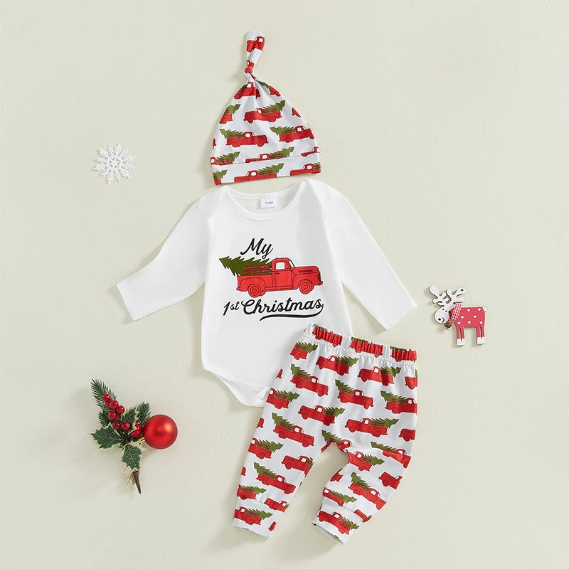 3 Pcs Baby Christmas Outfits Long Sleeve Truck Print Romper Pants Hat Set Infant Clothes