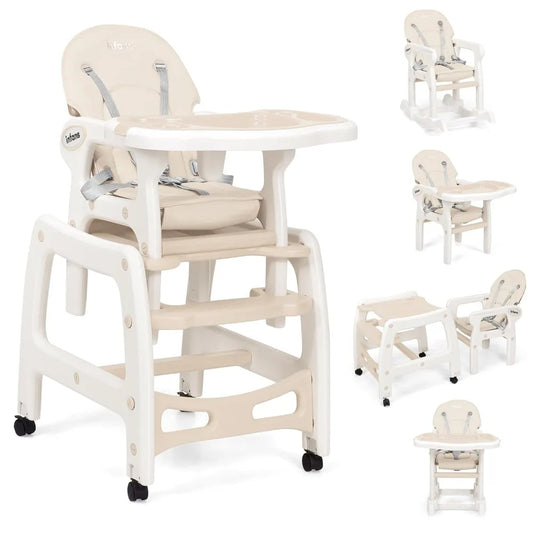 5 In 1 Baby High Chair Convertible Toddler Table Chair Set Rocking Chair Multi Function Seat with Lockable Universal Wheels
