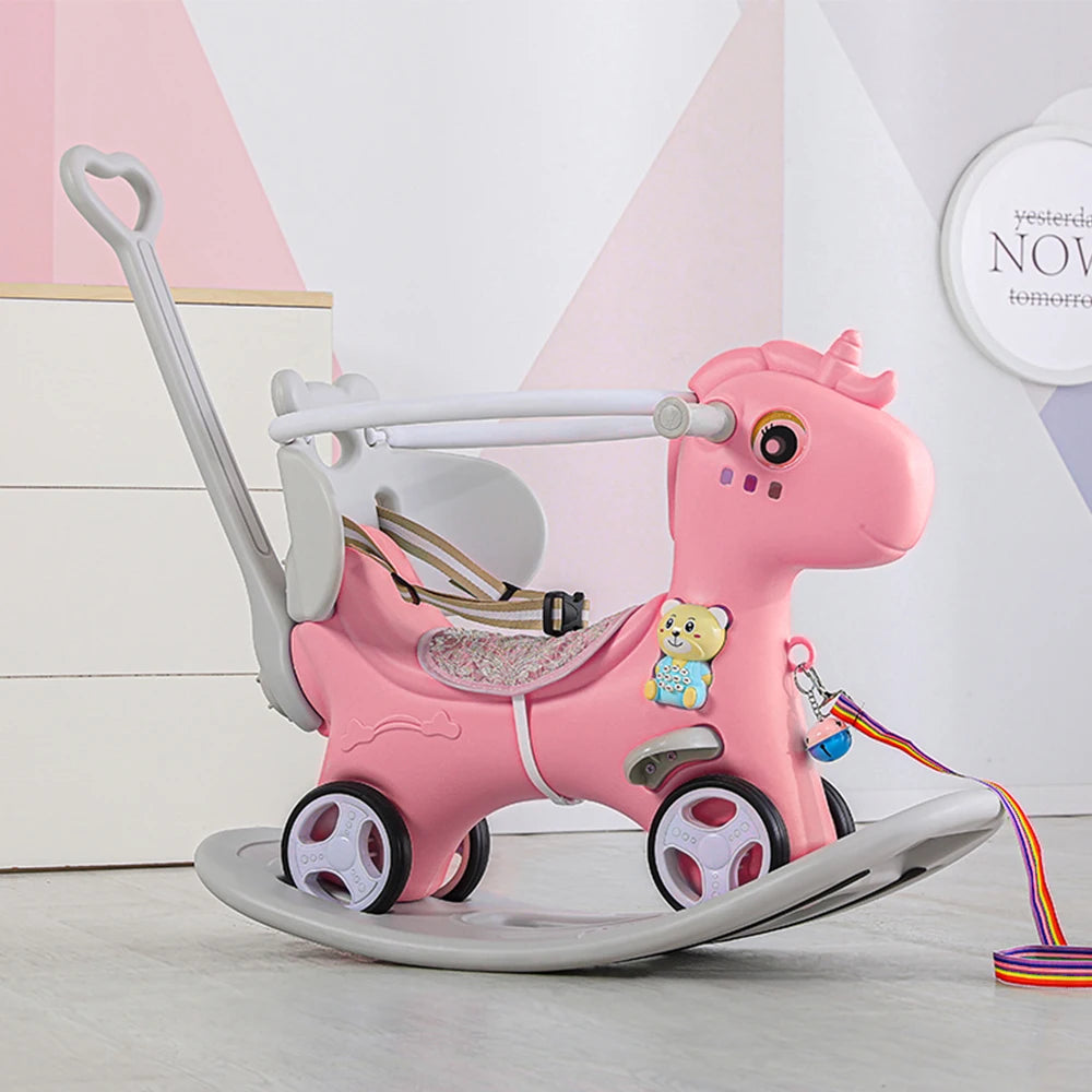 Rocking Horse For Toddlers Balance Bike Ride On Toy With Push Handle Backrest And Balance Board For Baby Girl And Boy