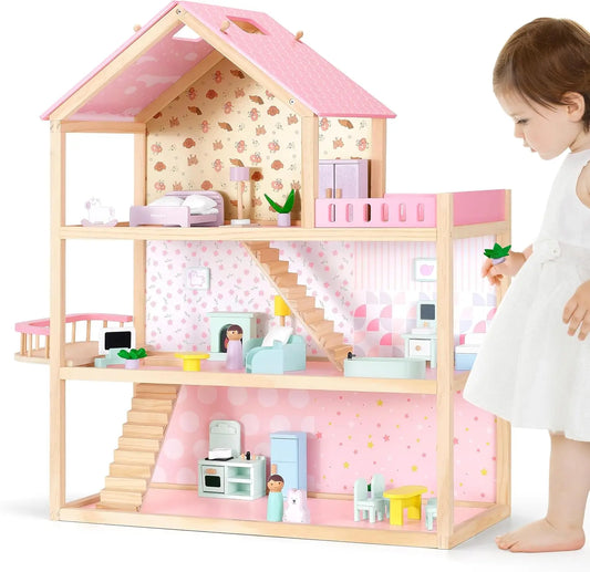 Wooden Dollhouse with 36Pcs Dollhouse Furniture Accessories, 7 Rooms Large Modern Doll House, Ideal Toy Gift for Girls Boys Todd
