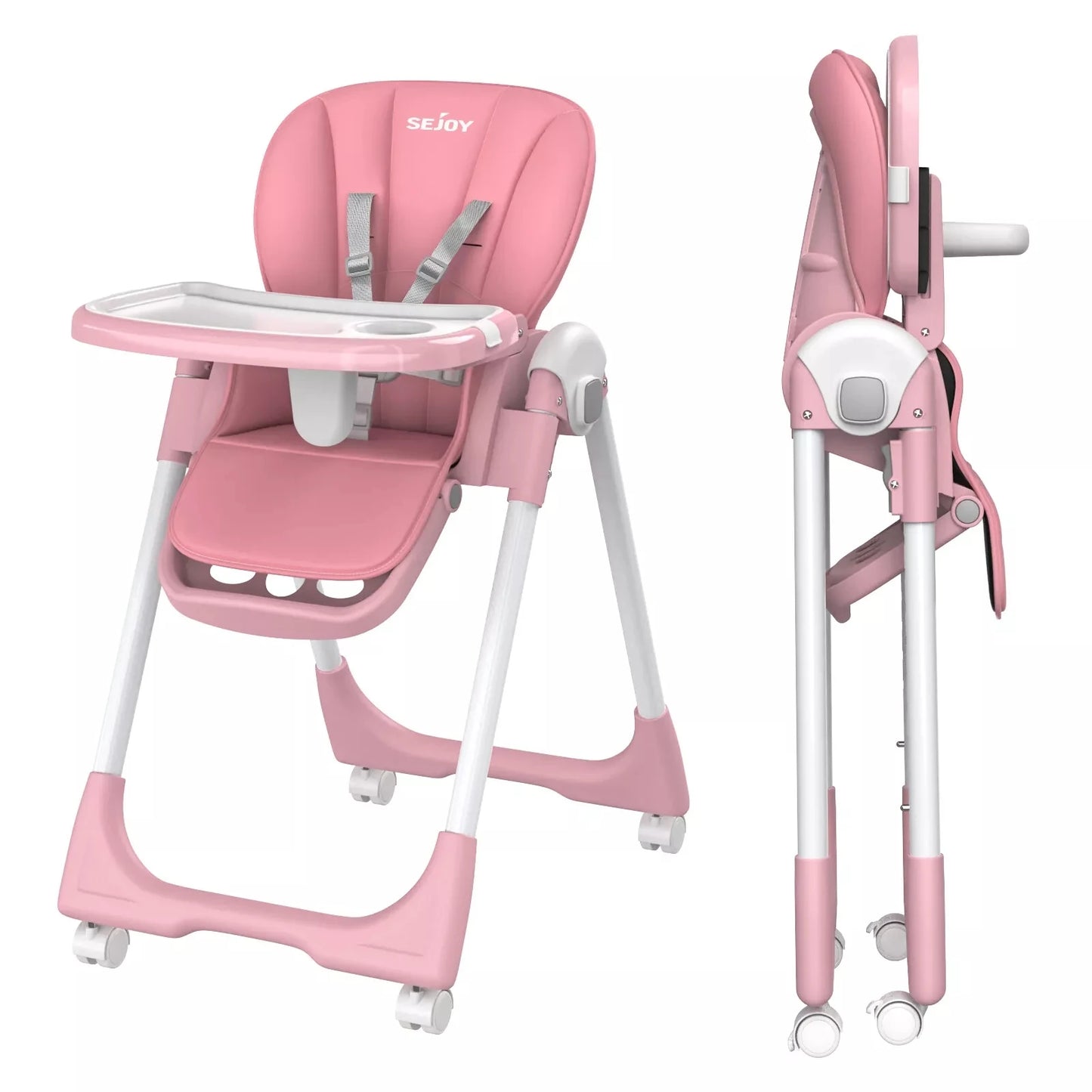 Sejoy Baby High Chair Foldable Highchair Adjustable Backrest Double Removable Tray Detachable PU Leather Cushion