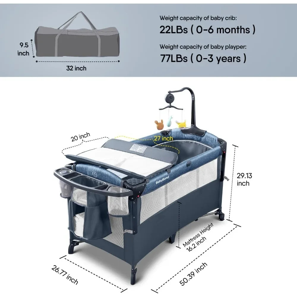 Bassinet Bedside Crib Pack and Play with Sheet Diaper Changing Table and Music Mobile Portable for Newborn to Toddlers