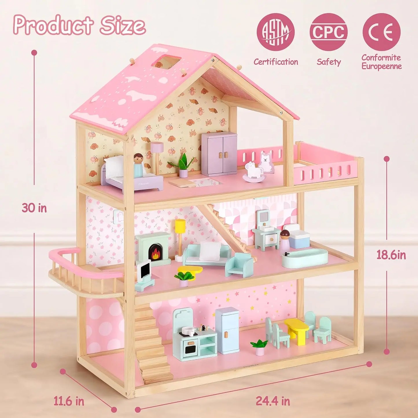 Wooden Dollhouse with 36Pcs Dollhouse Furniture Accessories, 7 Rooms Large Modern Doll House, Ideal Toy Gift for Girls Boys Todd