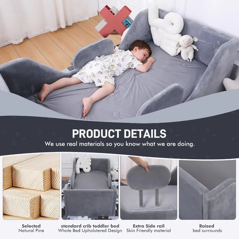 Gray Toddler Bed For Kids Crib Size With Safety Rail