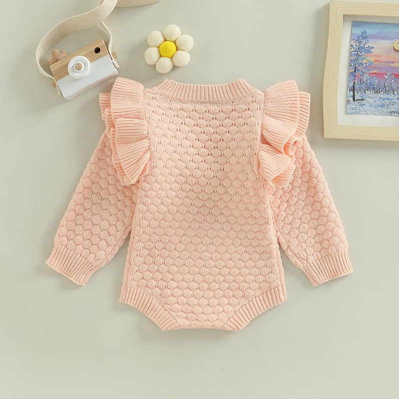 Adorable Baby Girls Knitted Ruffle Romper with Long Sleeves Solid Color Jumpsuit for Newborn Infant Toddler