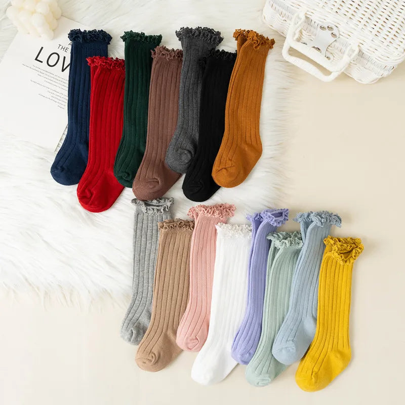Ruffle Knee High Socks For Girls Cotton Lace Flower 0 To 8