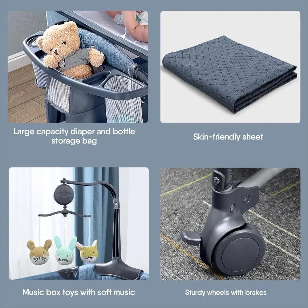 Bassinet Bedside Crib Pack and Play with Sheet Diaper Changing Table and Music Mobile Portable for Newborn to Toddlers