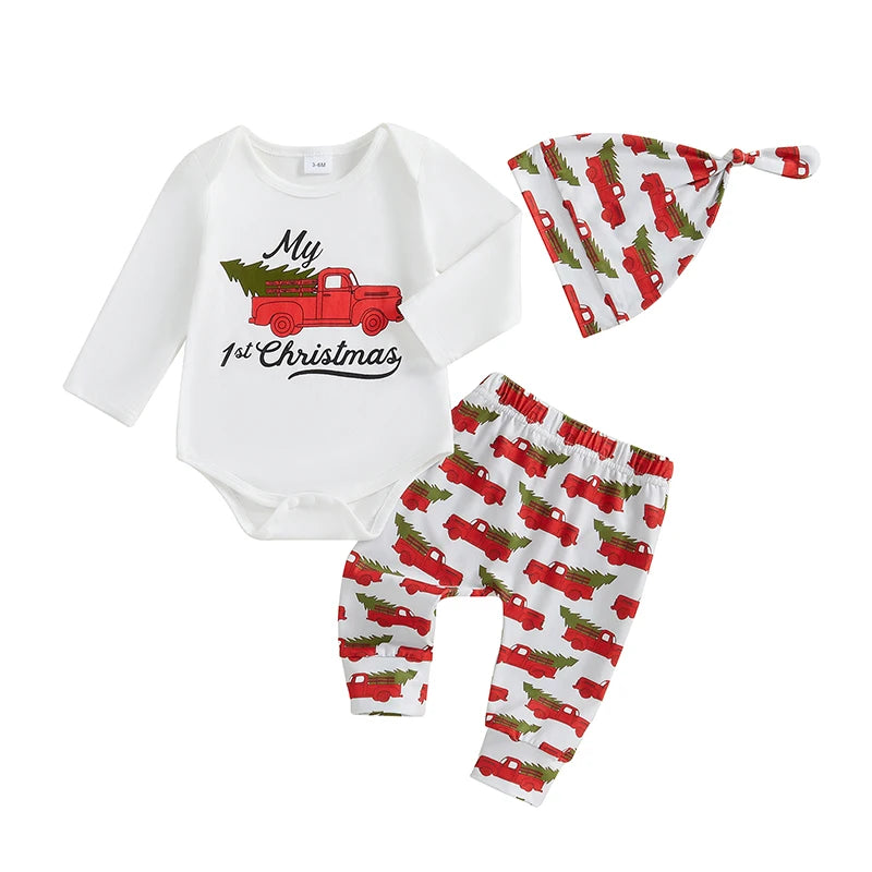 3 Pcs Baby Christmas Outfits Long Sleeve Truck Print Romper Pants Hat Set Infant Clothes