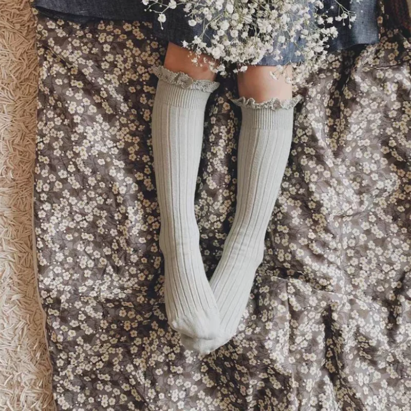 Ruffle Knee High Socks For Girls Cotton Lace Flower 0 To 8