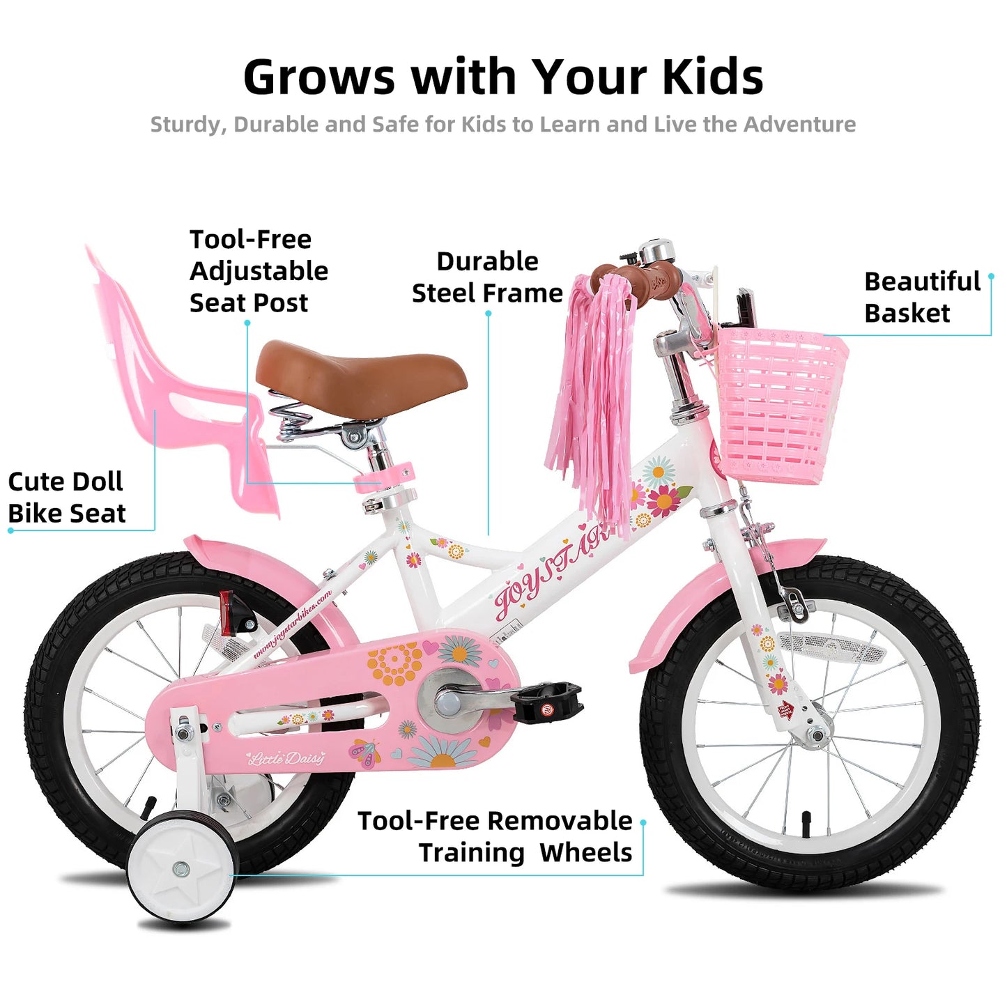 Joystar Kids Bike for Ages 2 to 7 Years 12 14 16 Inch Girls Bike with Doll Seat and Streamers Boys Bike with Flag and Plate