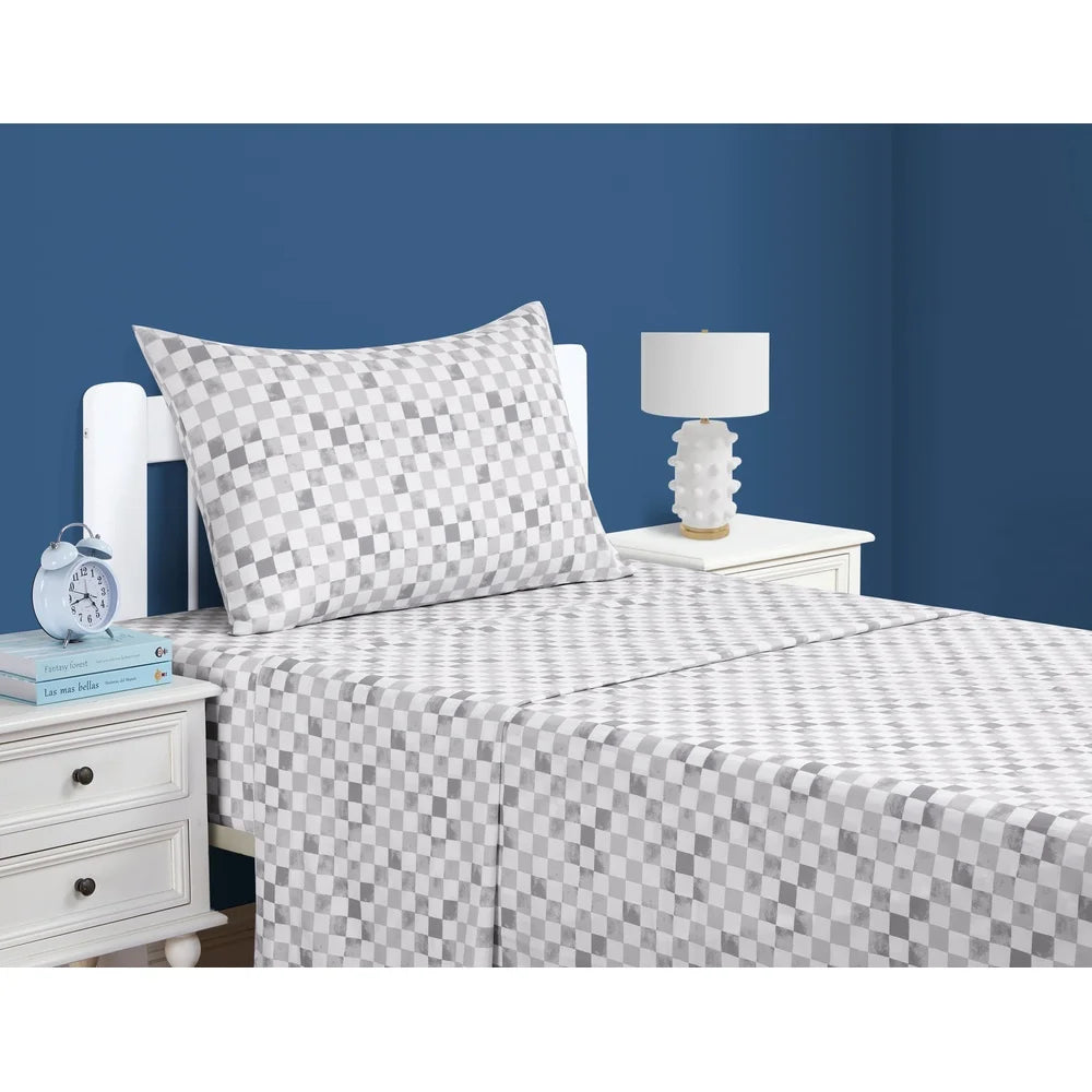 Kids Microfiber Sheet Set Gray Check Twin 3 Piece Bedding