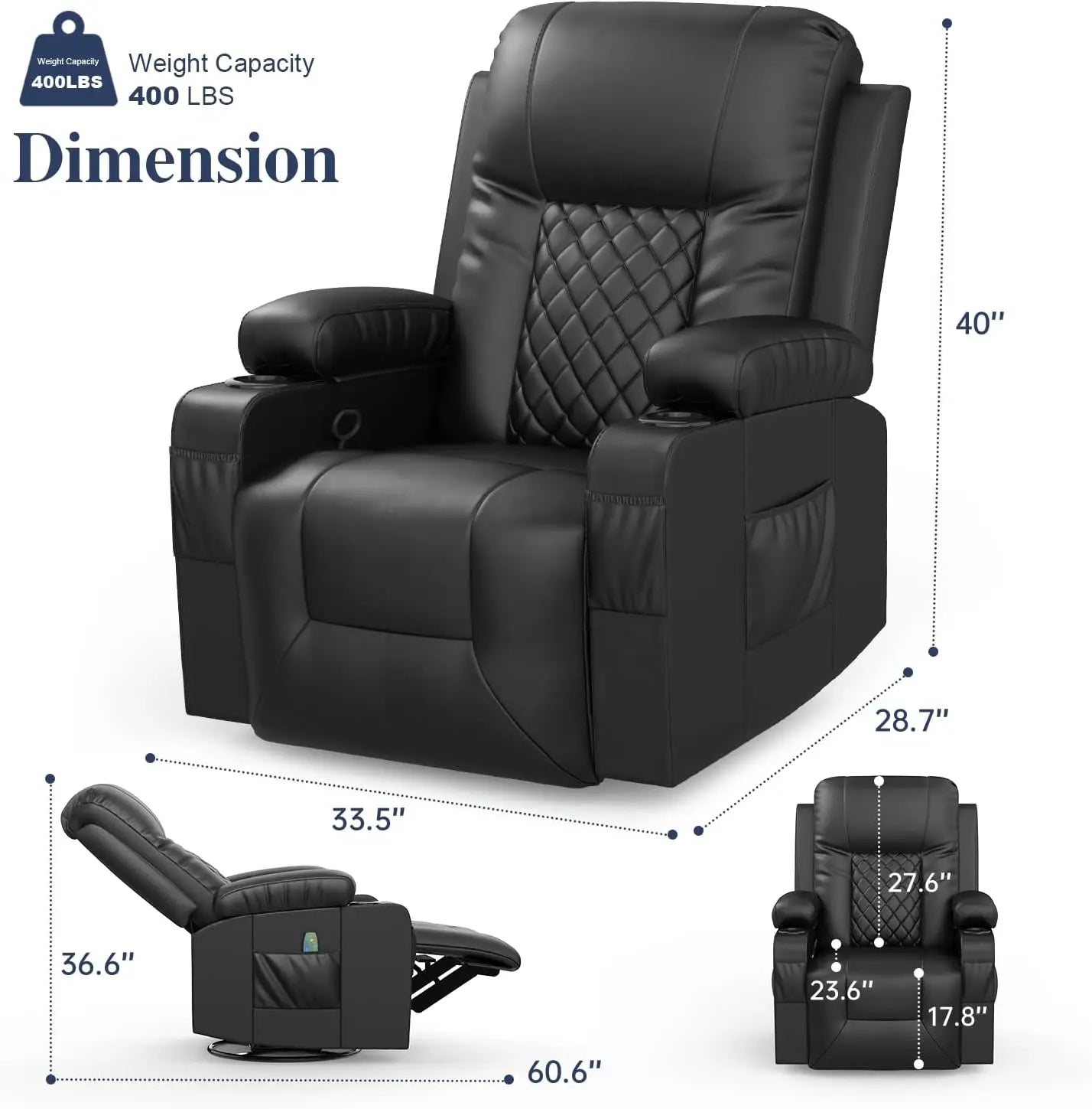 Recliner for Adults Massage Rocker Heated Lounge 360 Swivel