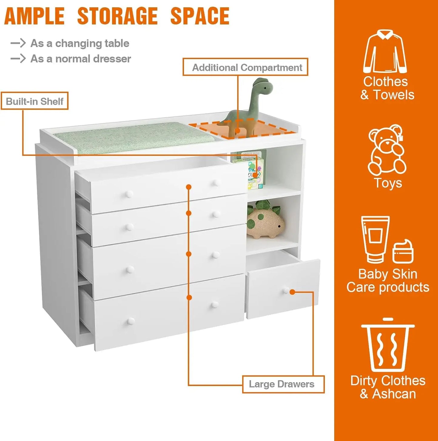 Changing Table Dresser Baby Classic Nursery With 5 Drawers