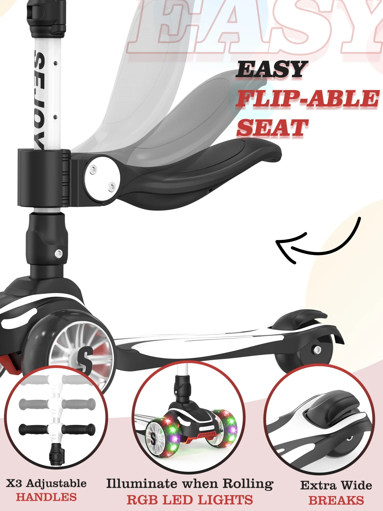 Sejoy 3-In-1 Three Wheel Kick Scooter With LED Flashing