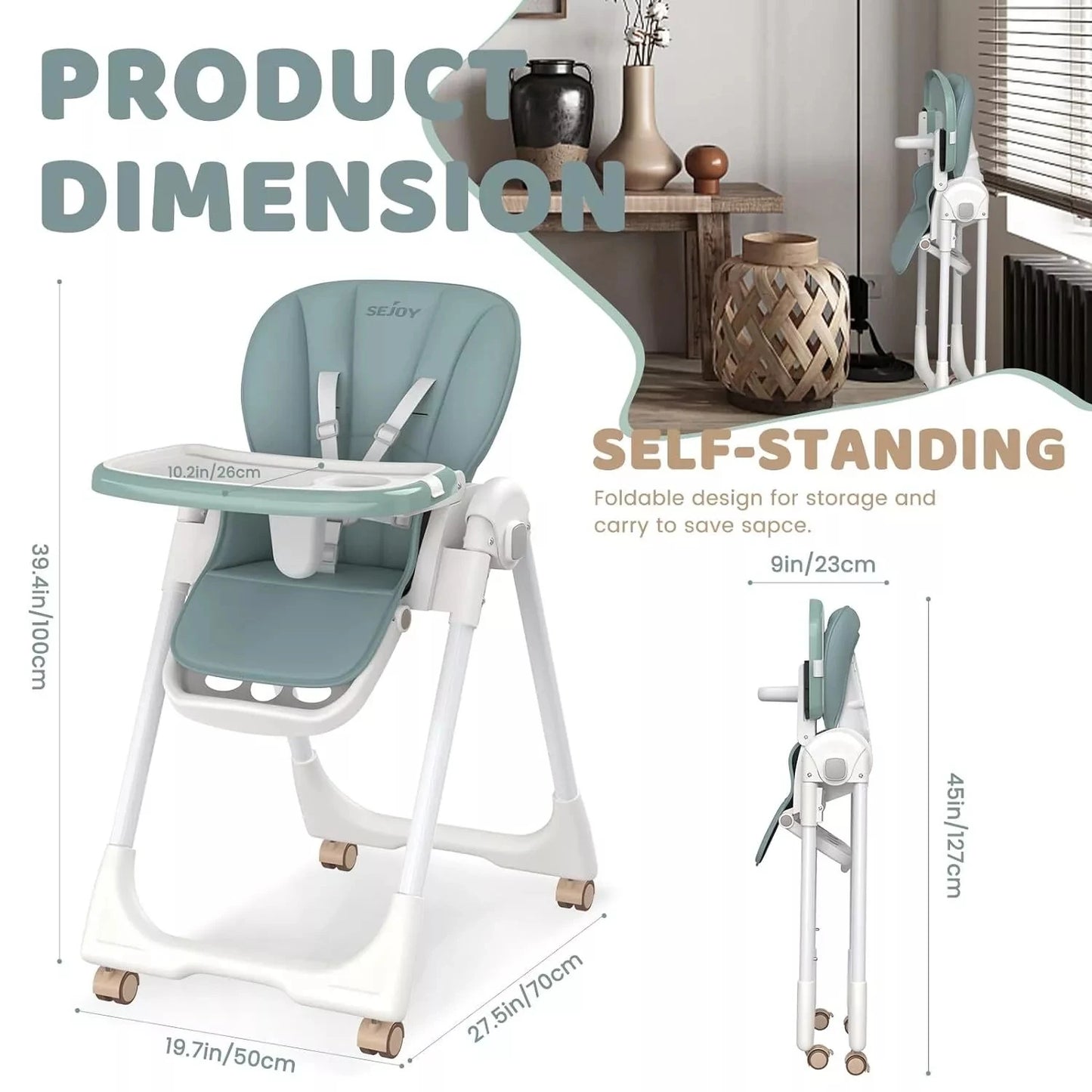 Sejoy Baby High Chair Foldable Highchair Adjustable Backrest Double Removable Tray Detachable PU Leather Cushion