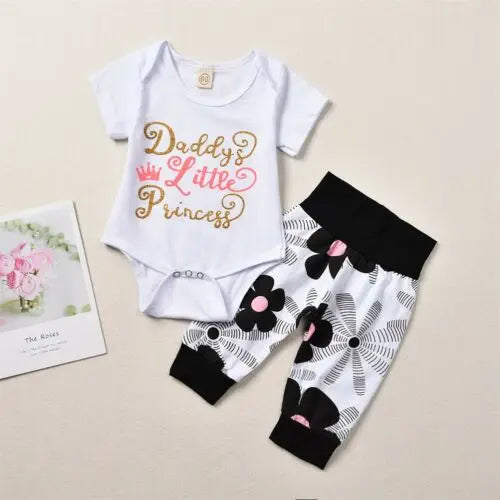 4PCS Set Infant Baby Girl Boy Short Sleeve Letter Print Romper Floral Pants Hat Headband Clothing Ensemble