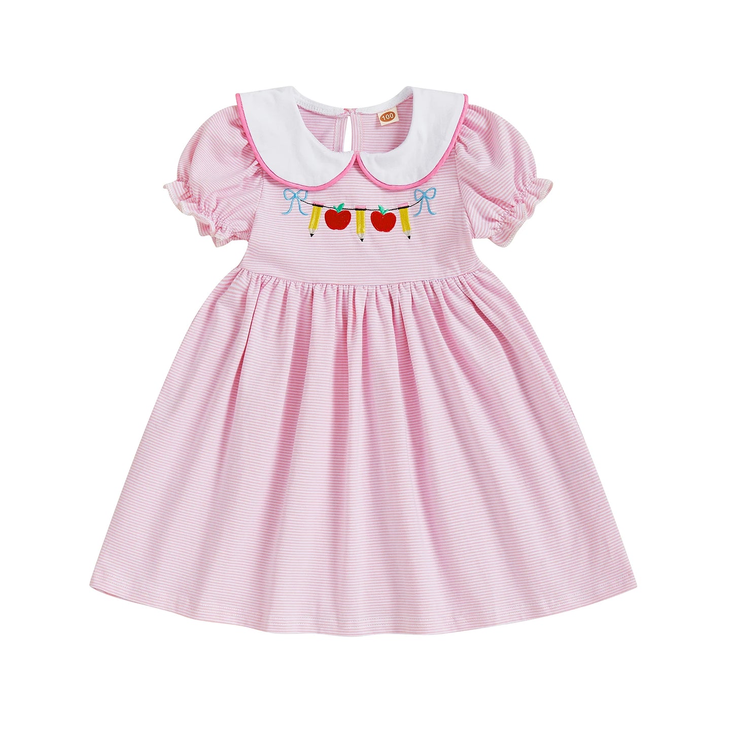Girls Back To School Dress Striped Embroidered Collar