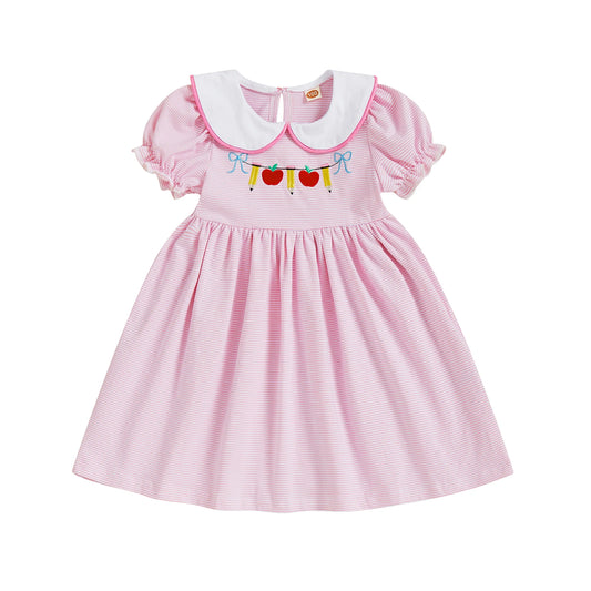 Girls Back To School Dress Striped Embroidered Collar