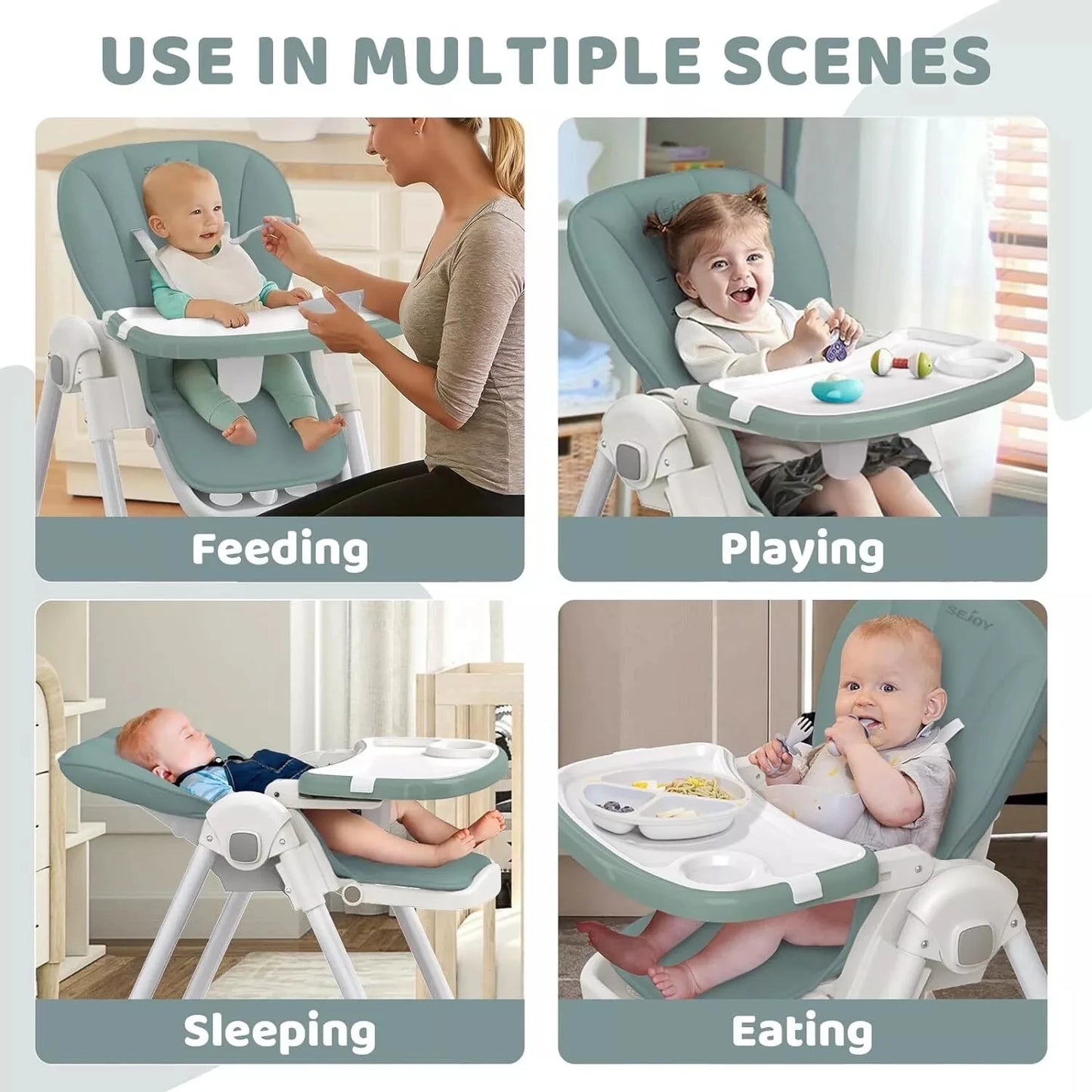 Sejoy Baby High Chair Foldable Highchair Adjustable Backrest Double Removable Tray Detachable PU Leather Cushion