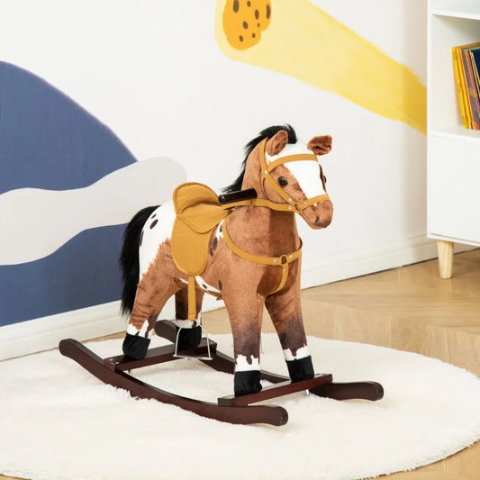 Kids Metal Plush Ride On Rocking Horse Chair Toy With Realistic Sounds Dark Brown White